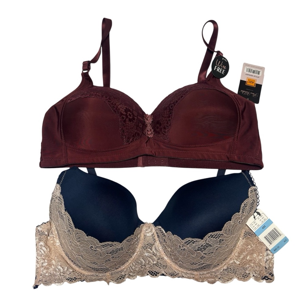 Unbranded Women’s Burgundy Bra and Navy/Beige Lace Push-Up Bra Set 42C